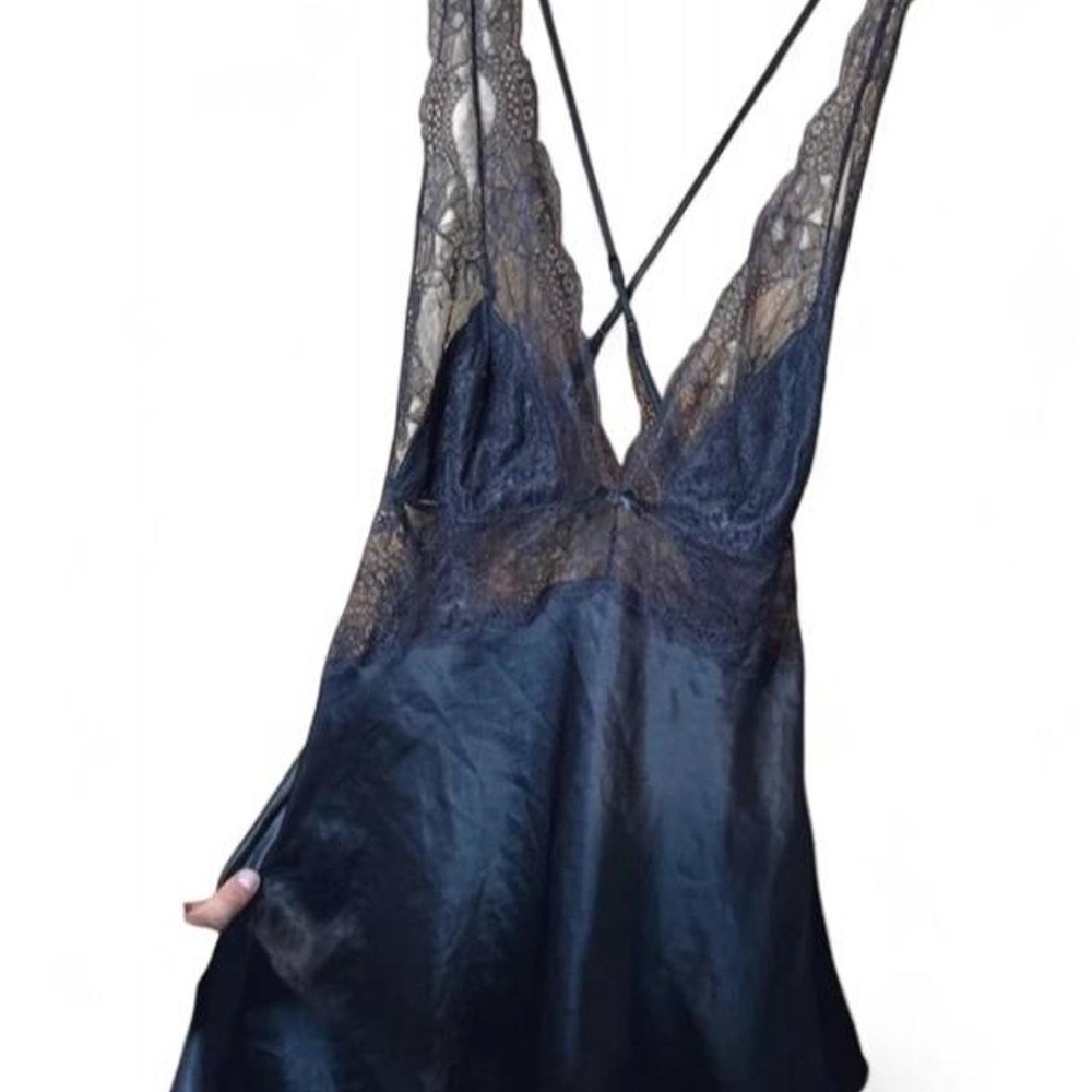 Victoria's Secret Black Satin Lace Trim Slip Chemise Dress Strappy Back